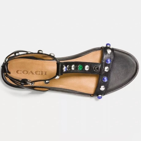 Coach Sadie Leather boho Embellished T-Strap Black Sandals Size 7.5 - Picture 2 of 12